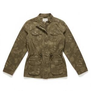 L.L.Bean Olive Green Leaf Print Utility Chore Jacket Medium Outerwear Workwear